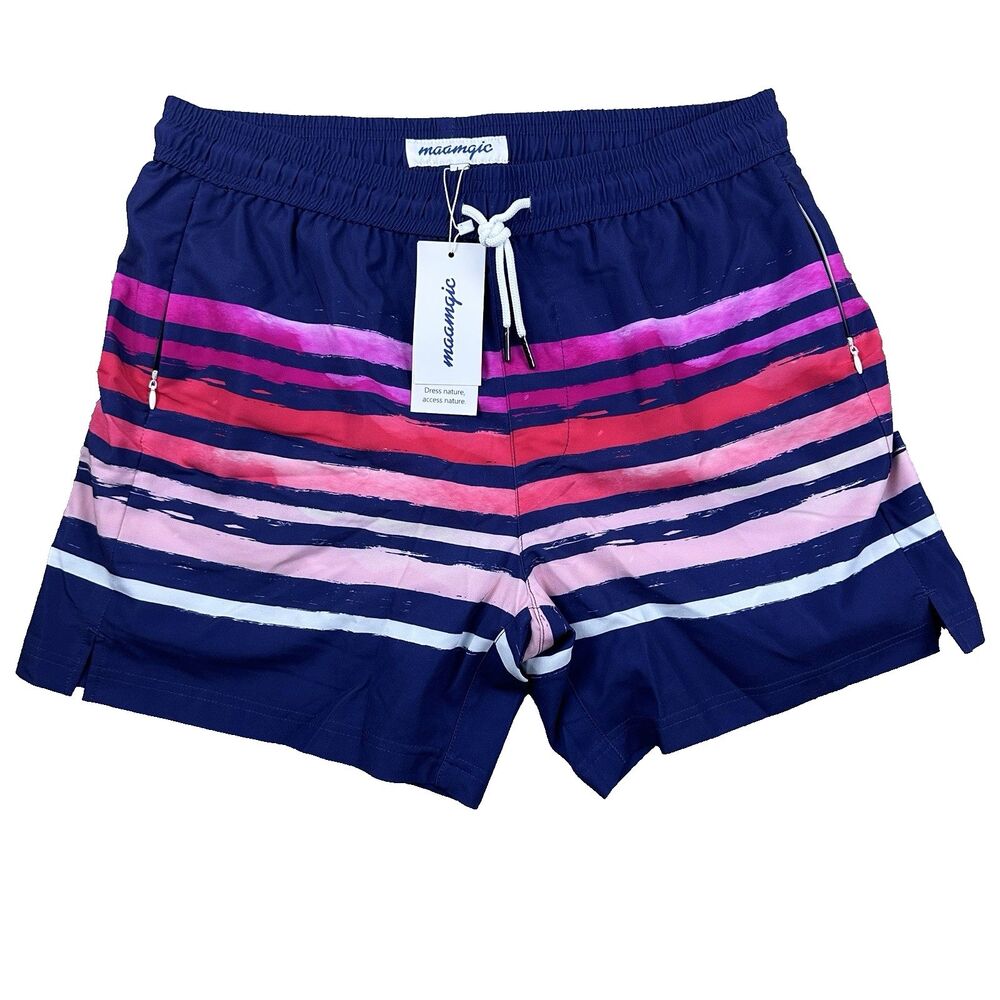 Maamgic Men’s Swim Trunks Large Striped Drawstring Board Shorts Lined Surf‎ New
